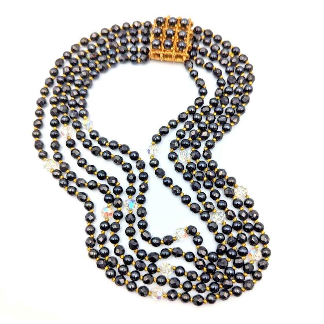 Vintage Original By Robert Multi Strand Black & Ab Glass Beads Necklace Signed